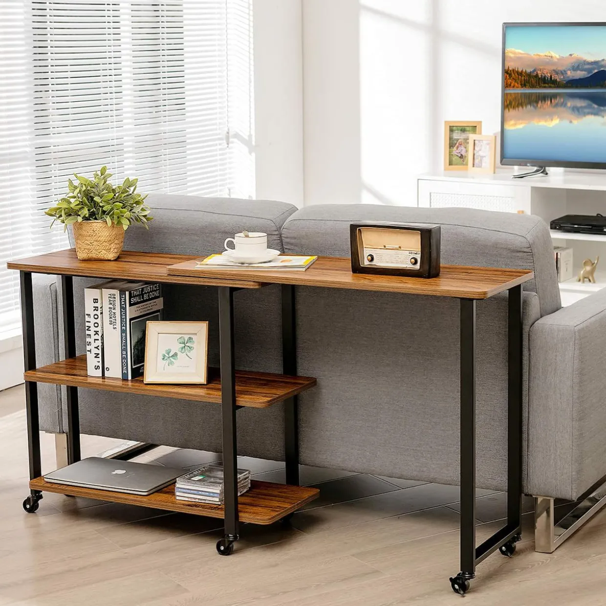 360-Degree Free Rotating Sofa Side Table, Mobile Couch Desk with 2-Tier Storage Shelves