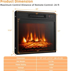 18" Electric Fireplace Heater, Freestanding & Recessed 1400 W Electric Stove Heater