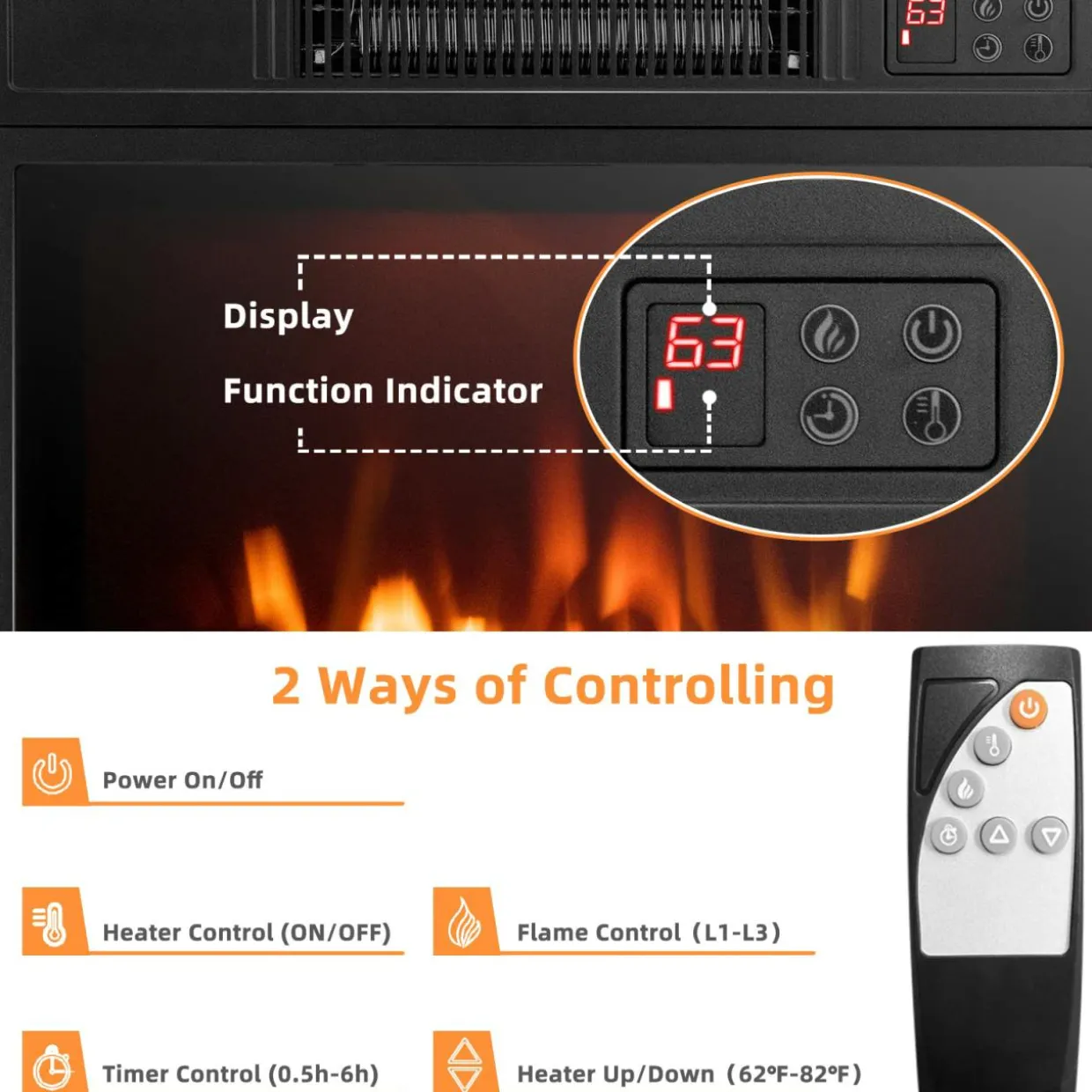 18" Electric Fireplace Heater, Freestanding & Recessed 1400 W Electric Stove Heater