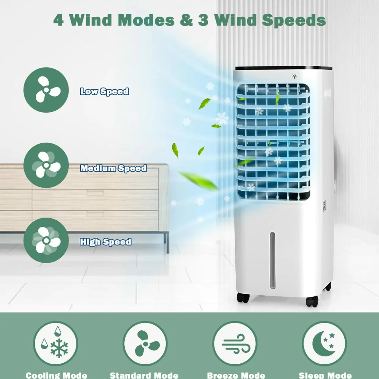 Evaporative Air Cooler, 4-In-1 Bladeless Swamp Cooler with Remote Control