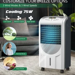 Evaporative Cooler and Heater, Portable Cooling Fan with Remote Control, 3-Mode, 3-Speed and Timer Function