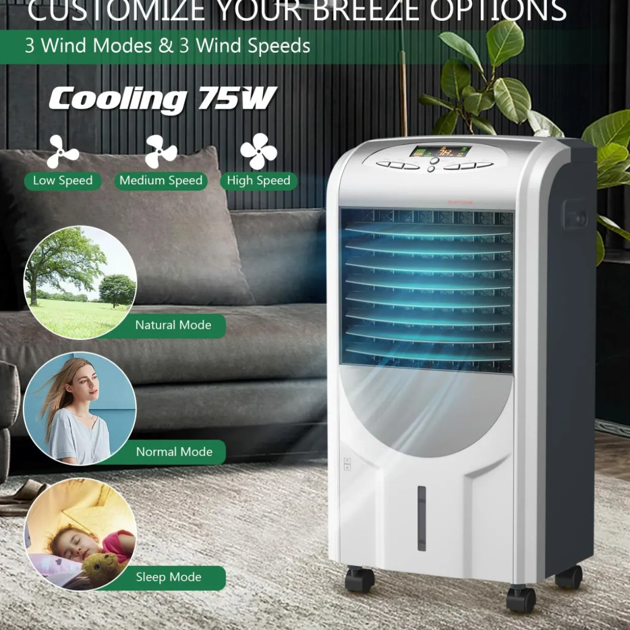 Evaporative Cooler and Heater, Portable Cooling Fan with Remote Control, 3-Mode, 3-Speed and Timer Function