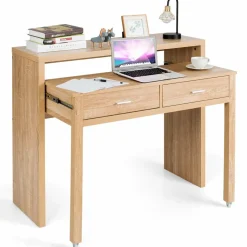 Extendable Computer Desk with 2 Drawers, Small Writing Desk with Pull Out Secondary Desk