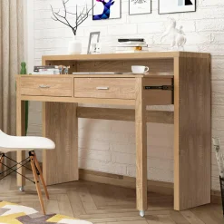 Extendable Computer Desk with 2 Drawers, Small Writing Desk with Pull Out Secondary Desk