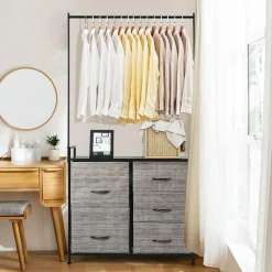 Fabric Drawer Dresser w/Clothes Rack, Storage Organizer with Metal Frame and Wooden Top