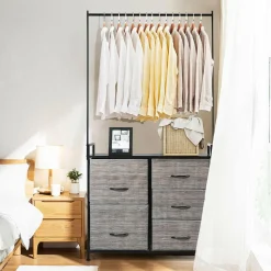 Fabric Drawer Dresser w/Clothes Rack, Storage Organizer with Metal Frame and Wooden Top