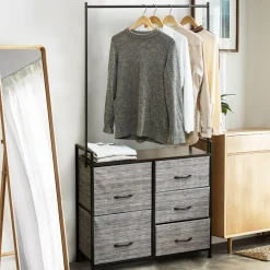 Fabric Drawer Dresser w/Clothes Rack, Storage Organizer with Metal Frame and Wooden Top
