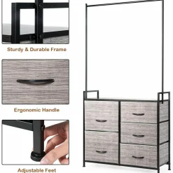 Fabric Drawer Dresser w/Clothes Rack, Storage Organizer with Metal Frame and Wooden Top