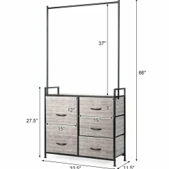 Fabric Drawer Dresser w/Clothes Rack, Storage Organizer with Metal Frame and Wooden Top
