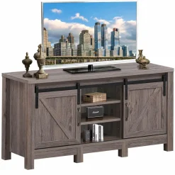 Farmhouse TV Stand with Sliding Barn Door, Wood Universal TV Console for TV's up to 55" Flat Screen for Living Room