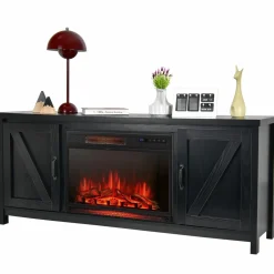 Fireplace TV Stand for TVs Up to 65 Inch, Fireplace Media Console Table with Barn Doors, Electric Heater with Adjustable Brightness & Remote