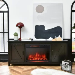 Fireplace TV Stand for TVs Up to 65 Inch, Fireplace Media Console Table with Barn Doors, Electric Heater with Adjustable Brightness & Remote