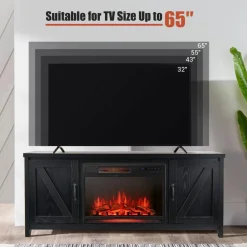 Fireplace TV Stand for TVs Up to 65 Inch, Fireplace Media Console Table with Barn Doors, Electric Heater with Adjustable Brightness & Remote