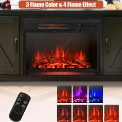 Fireplace TV Stand for TVs Up to 65 Inch, Fireplace Media Console Table with Barn Doors, Electric Heater with Adjustable Brightness & Remote
