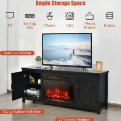 Fireplace TV Stand for TVs Up to 65 Inch, Fireplace Media Console Table with Barn Doors, Electric Heater with Adjustable Brightness & Remote