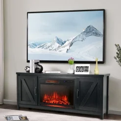 Fireplace TV Stand for TVs Up to 65 Inch, Fireplace Media Console Table with Barn Doors, Electric Heater with Adjustable Brightness & Remote
