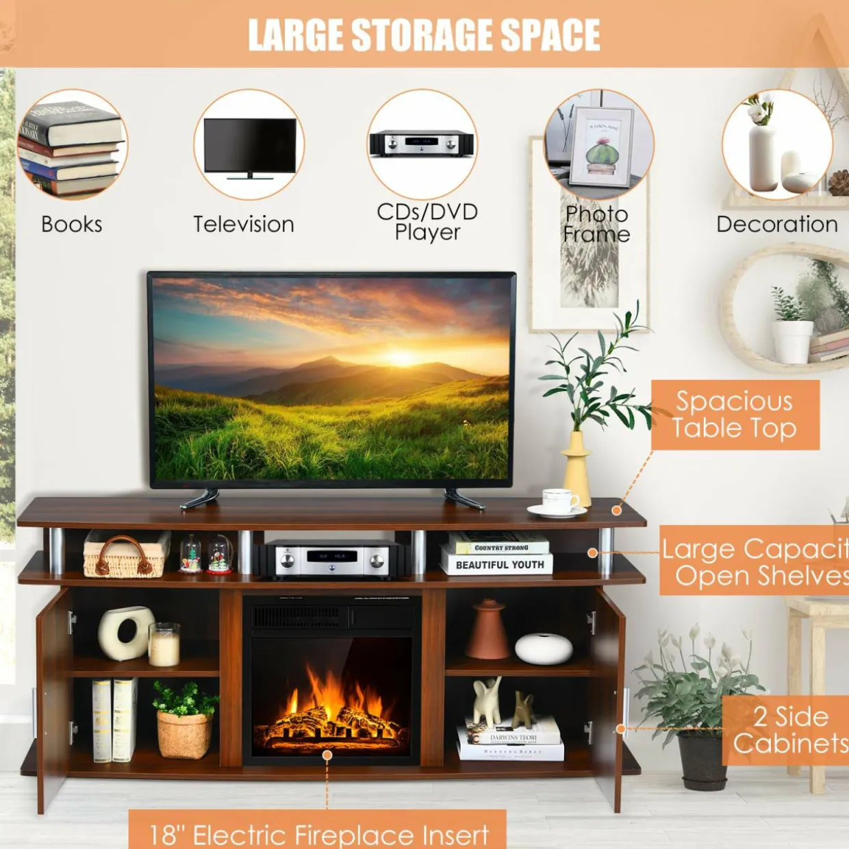 Fireplace TV Stand, Living Room Media Console Table