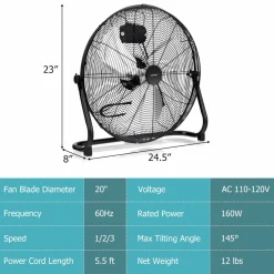 Floor Fan, 20-inch High Velocity Floor Fan with 145° Adjustable Tilt, 3-speed Adjustable