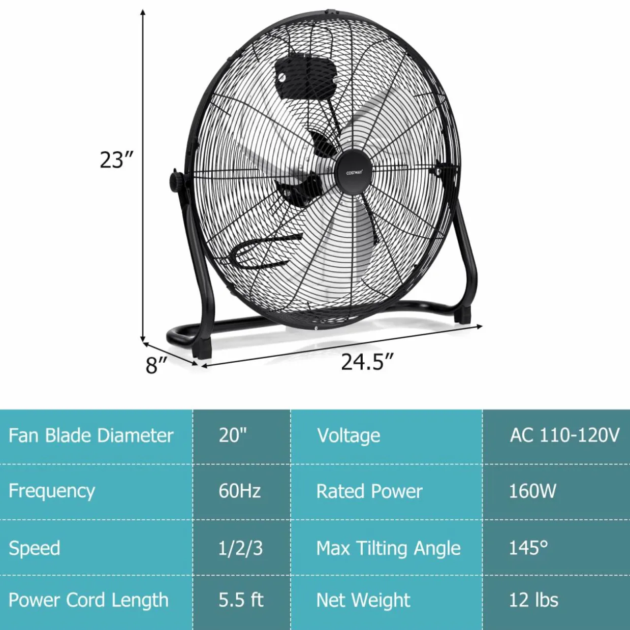 Floor Fan, 20-inch High Velocity Floor Fan with 145° Adjustable Tilt, 3-speed Adjustable
