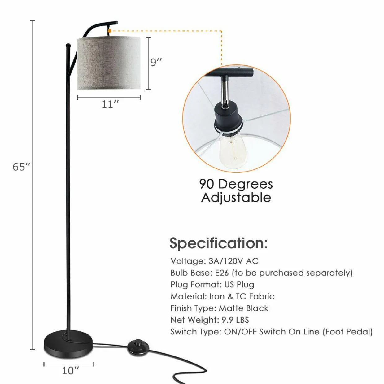 Floor Lamp for Living Room, Mid Century Tall Pole Lamp with Arc Hanging Shade