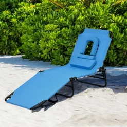 Folding Chaise Lounge Chair with Hole for Face, Outdoor 5-Position Adjustable Reclining Beach Sunbathing Chair