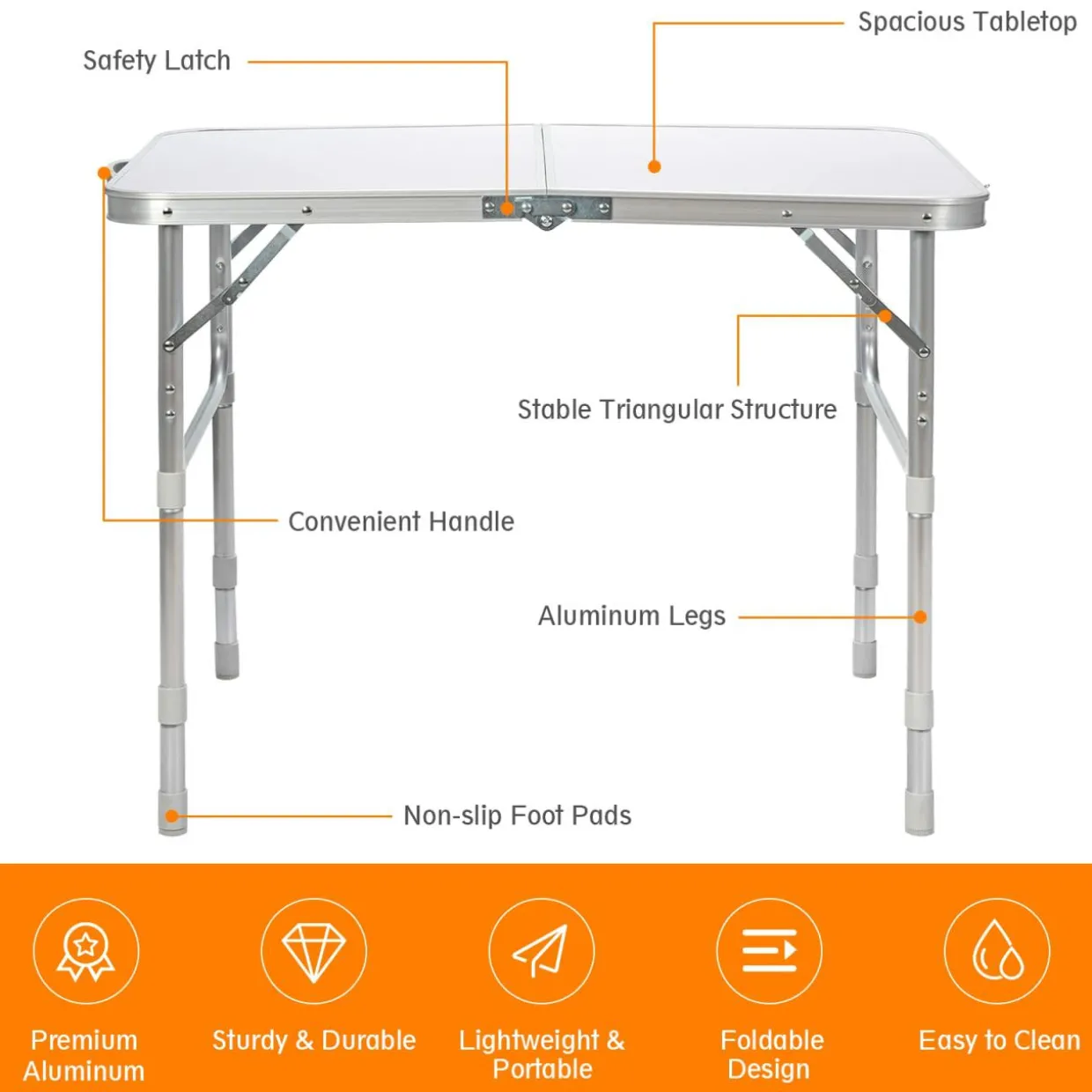Folding Picnic Table, Portable Aluminum Camp Table with 3 Adjustable Heights