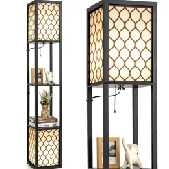 Freestanding Double Lamp w/ 2-Tier Wood Shelf & White Lampshade, E26 Bulb Base, Pull Chain & Foot Switch
