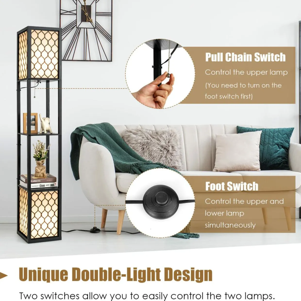 Freestanding Double Lamp w/ 2-Tier Wood Shelf & White Lampshade, E26 Bulb Base, Pull Chain & Foot Switch