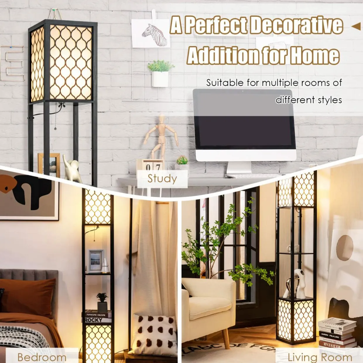 Freestanding Double Lamp w/ 2-Tier Wood Shelf & White Lampshade, E26 Bulb Base, Pull Chain & Foot Switch