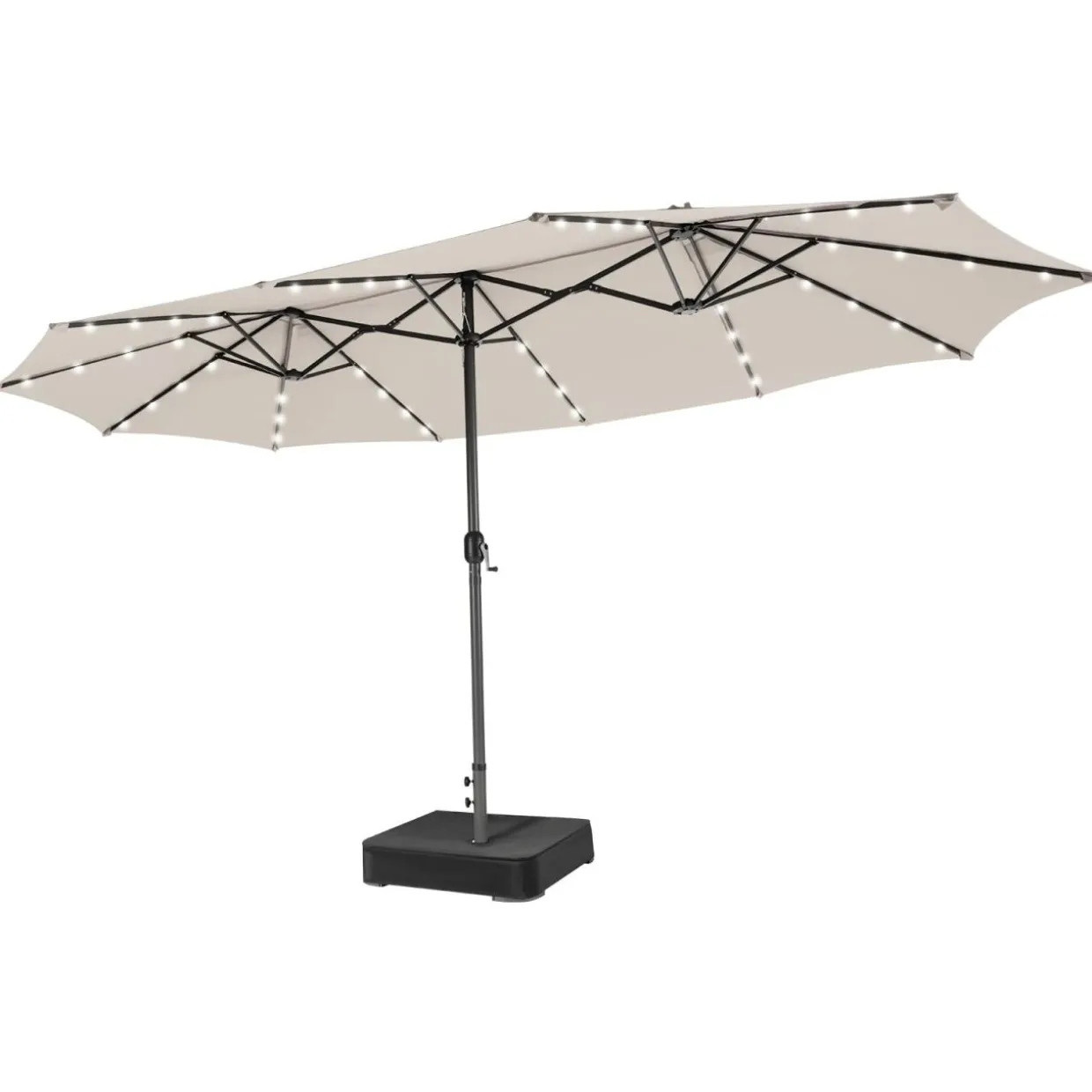 15FT Double-Sided Patio Umbrella with Solar Lights, Extra-Large Umbrella W/ 48 LED Lights & Auto-Charging Solar Panel