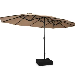 15FT Double-Sided Patio Umbrella with Base, Extra-Large Market Umbrella W/Crank System