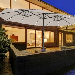 15FT Double-Sided Patio Umbrella with Solar Lights, Extra-Large Umbrella W/ 48 LED Lights & Auto-Charging Solar Panel
