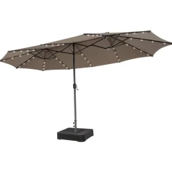 15FT Double-Sided Patio Umbrella with Solar Lights, Extra-Large Umbrella W/ 48 LED Lights & Auto-Charging Solar Panel
