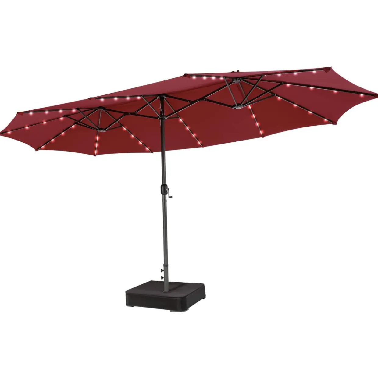 15FT Double-Sided Patio Umbrella with Solar Lights, Extra-Large Umbrella W/ 48 LED Lights & Auto-Charging Solar Panel