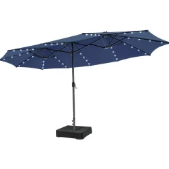15FT Double-Sided Patio Umbrella with Solar Lights, Extra-Large Umbrella W/ 48 LED Lights & Auto-Charging Solar Panel