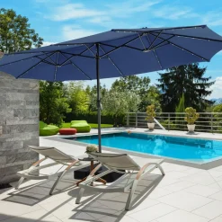 15FT Double-Sided Patio Umbrella with Solar Lights, Extra-Large Umbrella W/ 48 LED Lights & Auto-Charging Solar Panel