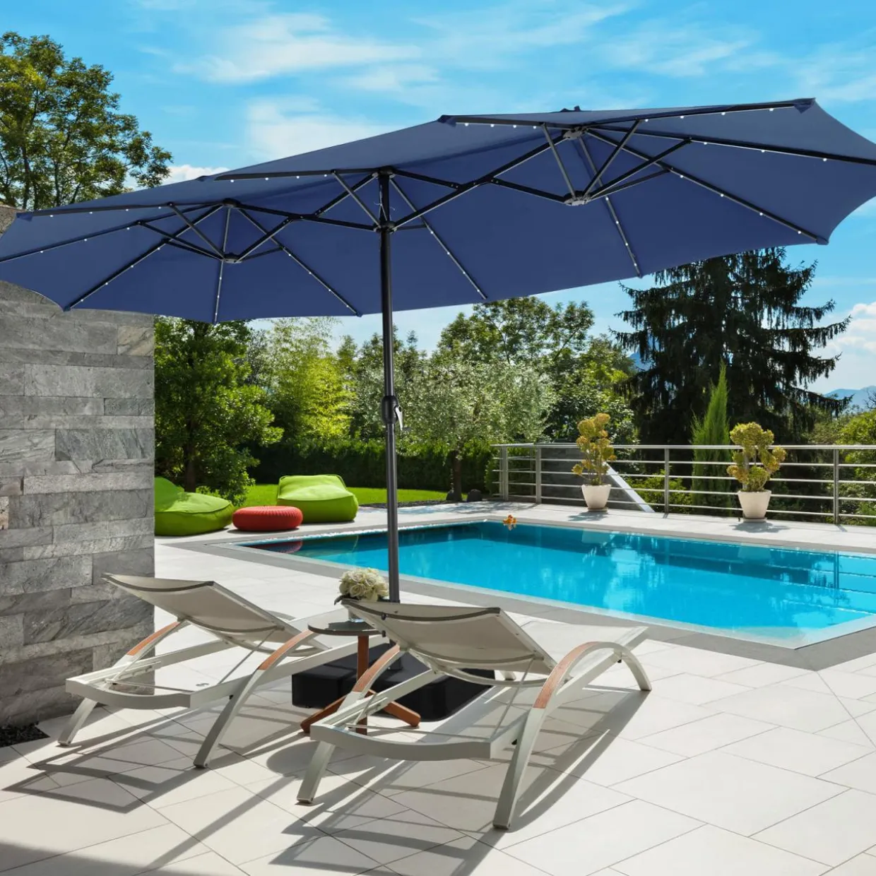 15FT Double-Sided Patio Umbrella with Solar Lights, Extra-Large Umbrella W/ 48 LED Lights & Auto-Charging Solar Panel