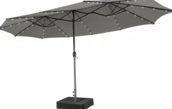 15FT Double-Sided Patio Umbrella with Solar Lights, Extra-Large Umbrella W/ 48 LED Lights & Auto-Charging Solar Panel