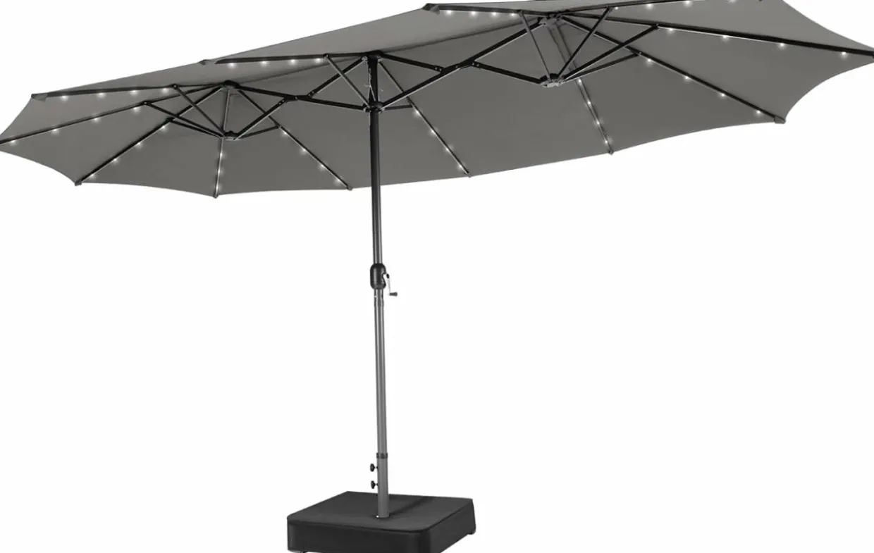 15FT Double-Sided Patio Umbrella with Solar Lights, Extra-Large Umbrella W/ 48 LED Lights & Auto-Charging Solar Panel