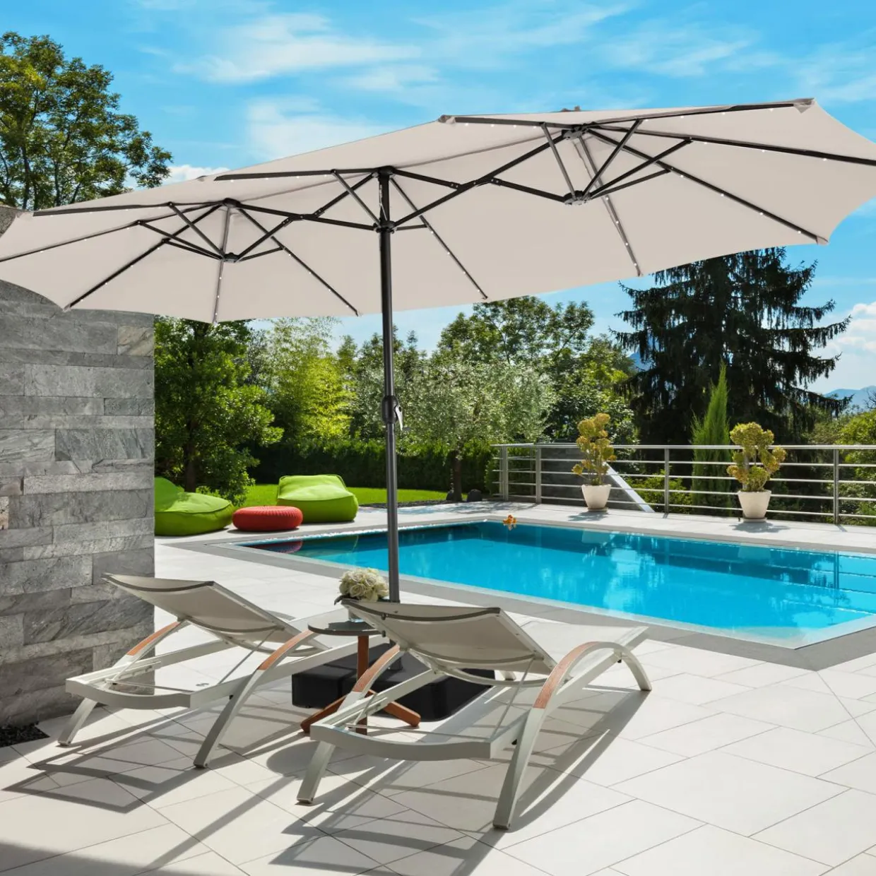 15FT Double-Sided Patio Umbrella with Solar Lights, Extra-Large Umbrella W/ 48 LED Lights & Auto-Charging Solar Panel