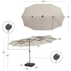 15FT Double-Sided Patio Umbrella with Solar Lights, Extra-Large Umbrella W/ 48 LED Lights & Auto-Charging Solar Panel
