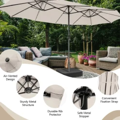 15FT Double-Sided Patio Umbrella with Solar Lights, Extra-Large Umbrella W/ 48 LED Lights & Auto-Charging Solar Panel