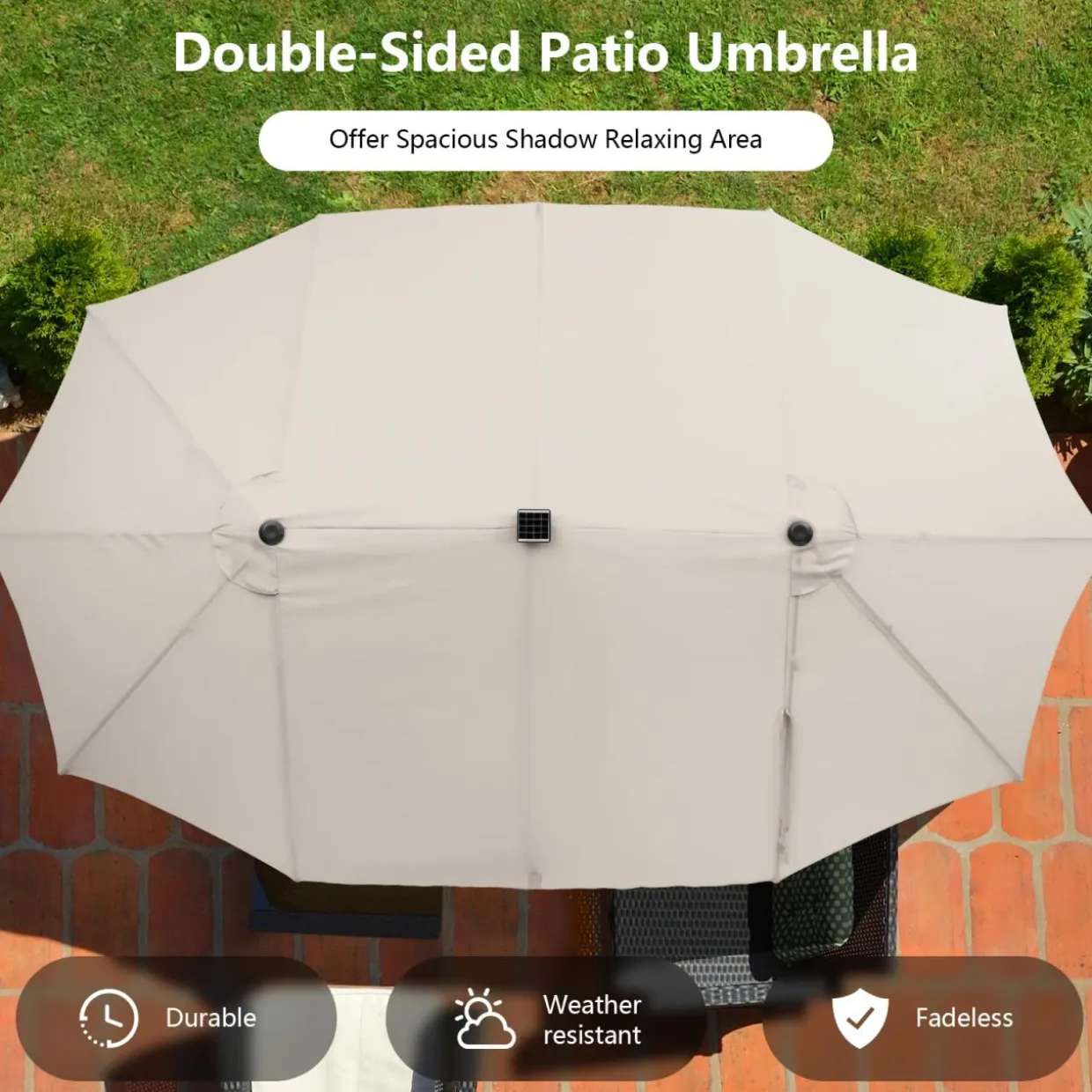 15FT Double-Sided Patio Umbrella with Solar Lights, Extra-Large Umbrella W/ 48 LED Lights & Auto-Charging Solar Panel