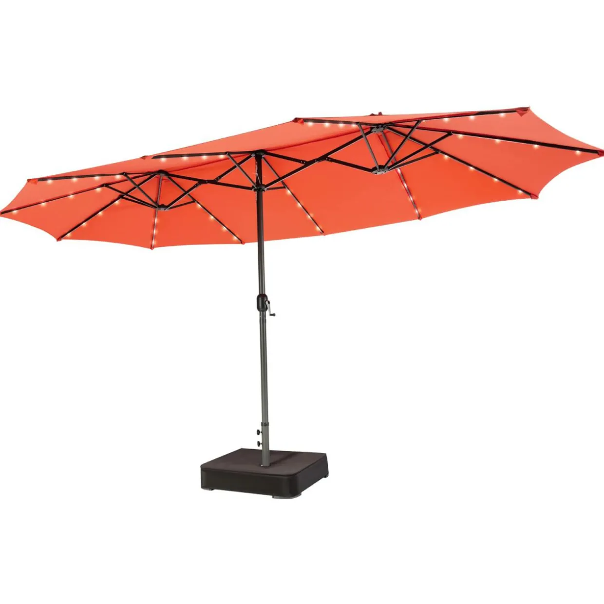 15FT Double-Sided Patio Umbrella with Solar Lights, Extra-Large Umbrella W/ 48 LED Lights & Auto-Charging Solar Panel