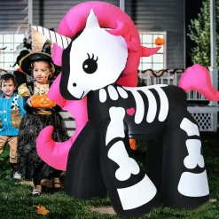 5.5 Ft Halloween Inflatable Skeleton Unicorn with Build-in LED Lights & Blower, Blow Up Yard Decorations