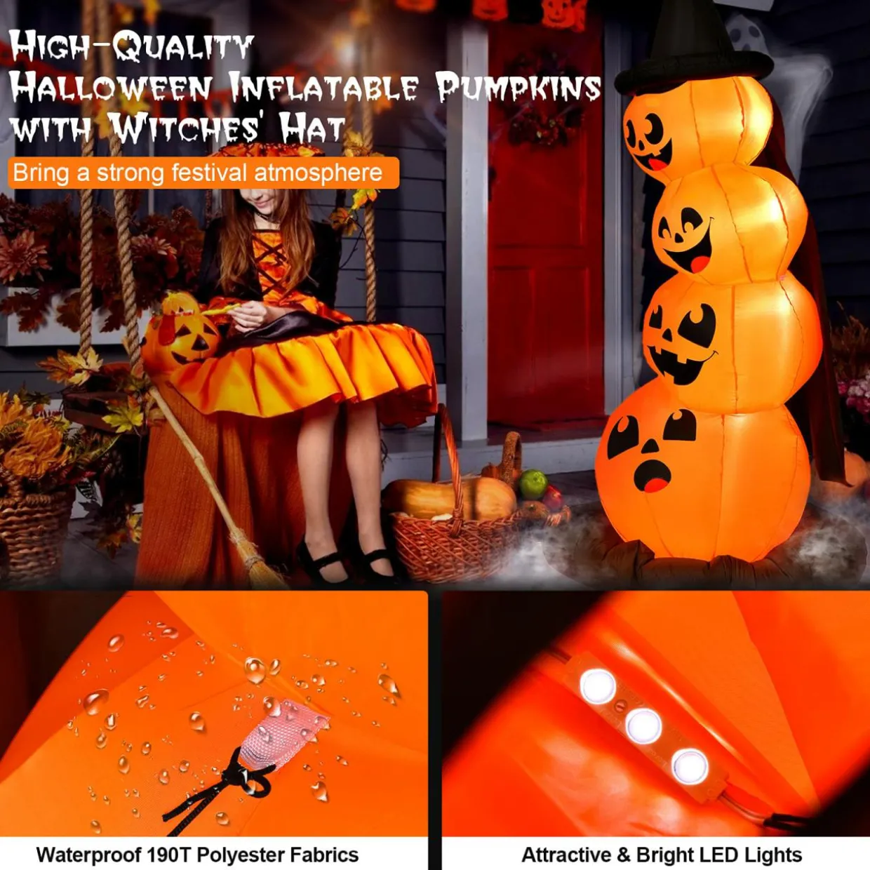 7 Ft Halloween Inflatable Stacked Pumpkins with Build-in LED Lights & Blower