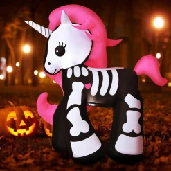 5.5 Ft Halloween Inflatable Skeleton Unicorn with Build-in LED Lights & Blower, Blow Up Yard Decorations
