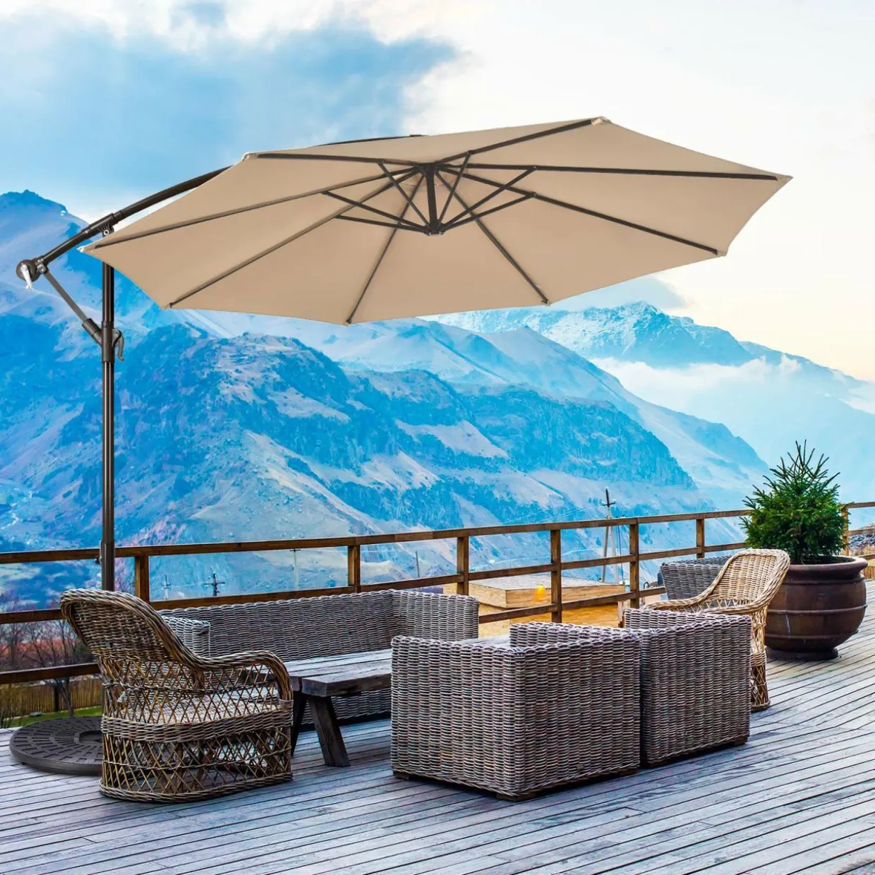 10FT Patio Offset Umbrella, Outdoor Cantilever Umbrella with Easy Tilt Adjustment & 8 Ribs
