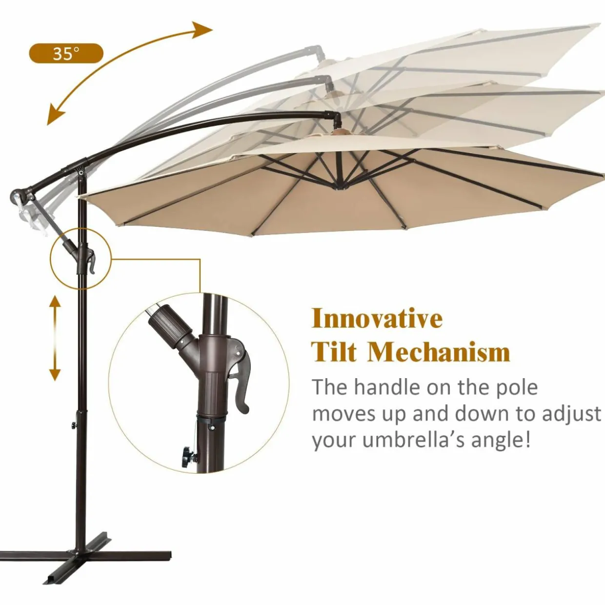 10FT Patio Offset Umbrella, Outdoor Cantilever Umbrella with Easy Tilt Adjustment & 8 Ribs