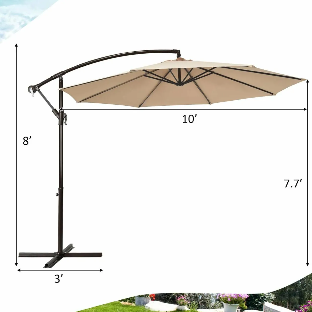 10FT Patio Offset Umbrella, Outdoor Cantilever Umbrella with Easy Tilt Adjustment & 8 Ribs